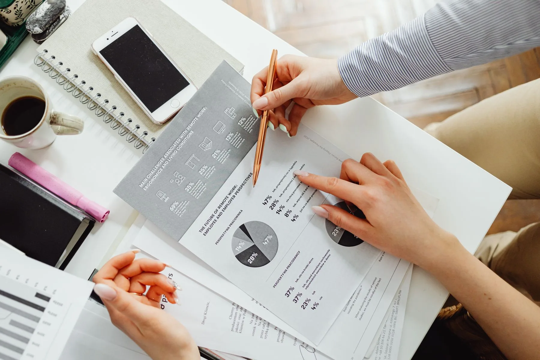 Two colleagues reviewing figures and reports together at a desk